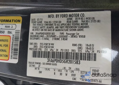 2016 Ford Fusion z USA, uszkodzony, nr VIN 3FA6P0HD5GR201583